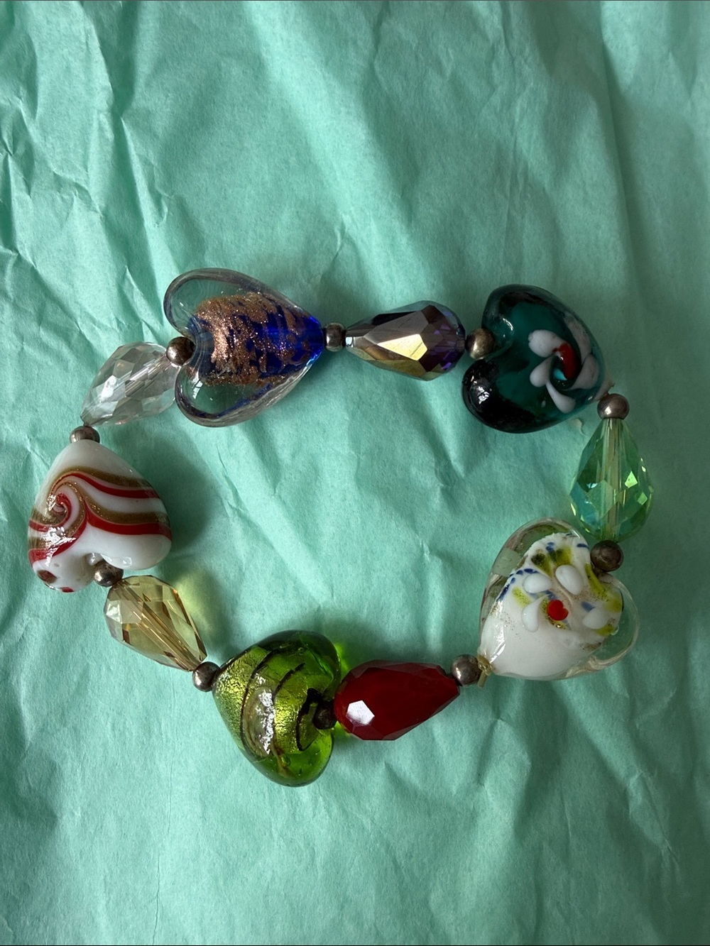 Murano Multicolor Glass Heart Bead Bracelet